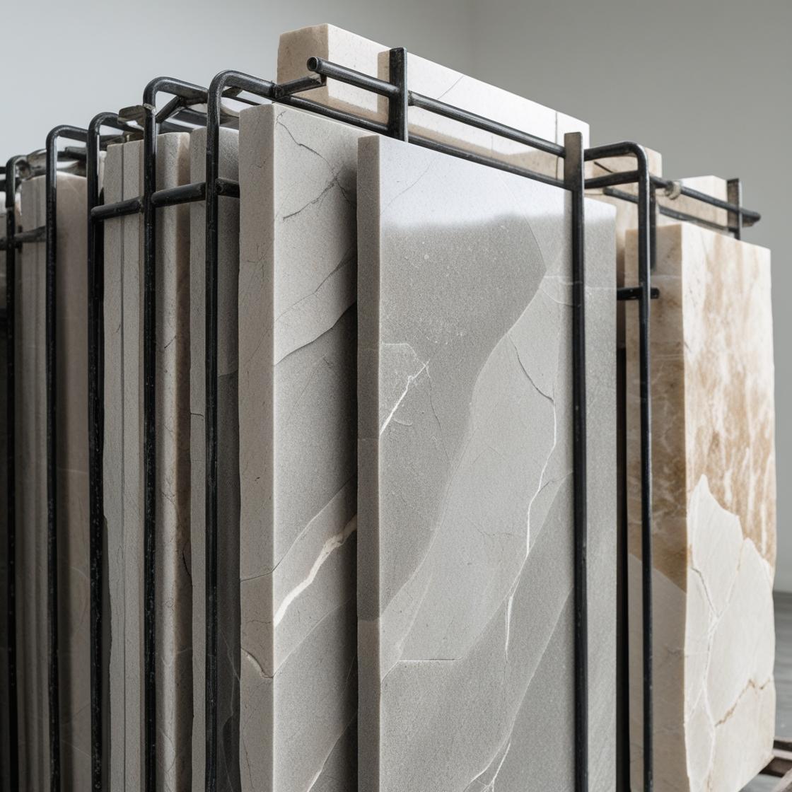 grey travertine finished slabs placed in a rack.
