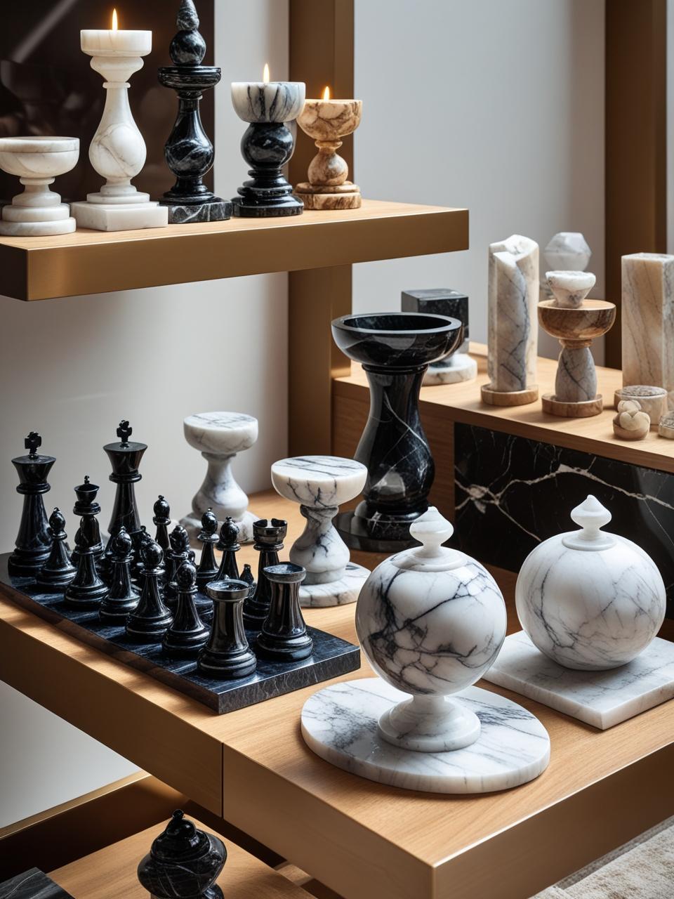 handy craft items of marble and onyx include candle holders(onyx plus marble), chess (onyx) , cup placers, honey jar (marble), decorated small pieces. placed in racks