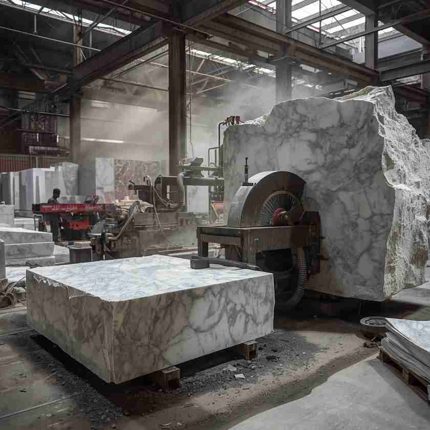 Heavy duty industrial gang saw machine cutting raw marble blocks into pristine slabs inside a factory.