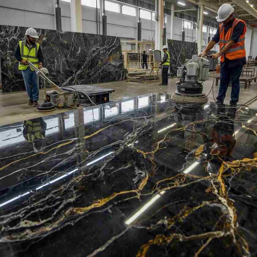 Industrial factory machine polishing a raw marble slab to a high-end glossy finish.