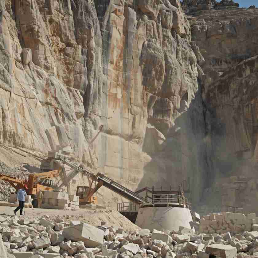 Large raw marble quarry blocks being extracted from a deep pit stone quarry.