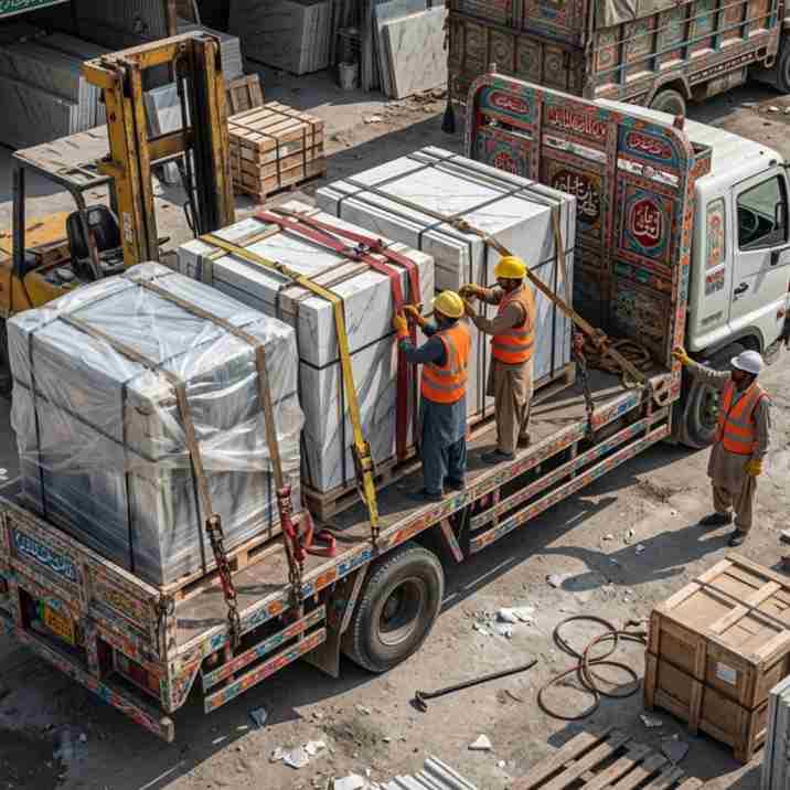 Bundled premium marble, travertine, and luxury onyx slabs loaded on a transport vehicle for factory-direct commercial delivery.
